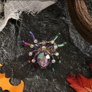 Spider Ring Stretch Band Iridescent Rhinestone Stainless Steel Halloween Gothic